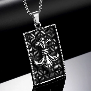 Vintage punk rocker steel fleur-de-lis shield pendant with textured weaving on pearl chain