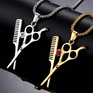 Collier Pendentif Croix Ciseaux Et Peigne En Acier Inoxydable Pour Hommes Avec Strass Bijoux De Coiffeur Polis