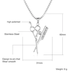 Pendentif ciseaux et peigne pour homme en acier inoxydable poli brillant 60mm