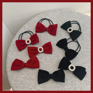 Pince à Cheveux Nœud en Velours Vintage Rouge Vin Noir Strass Élastique à Cheveux Coréen Fait à la Main Femme