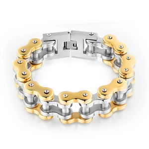 Pulsera para hombre de acero inoxidable estilo cadena de moto bicolor oro y plata