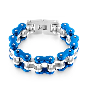 Pulsera industrial de cadena de bicicleta en acero inoxidable azul y plateado