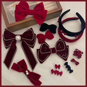 Vintage Velvet Bow Hair Clip With Faux Artificial Pearl Elegant Wine Red Black Hairband For Women Fashion Hair Accessories