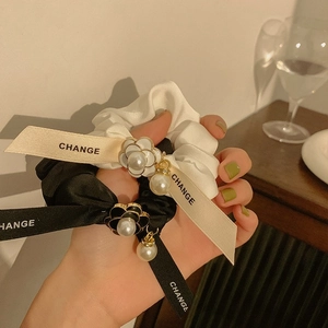 Vintage Satin Camellia Flower Scrunchie With Artificial Pearl Pendant And Ribbon Bow Elegant Hair Tie For Women Hair Accessories