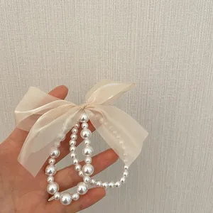 Korean Style Double Layer Organza Bow Hair Tie Elegant Faux Artificial Pearl Elastic Hair Band Scrunchies Retro Accessory For Women