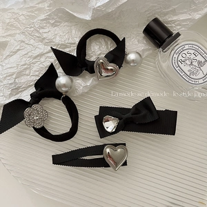 Set Di Accessori Per Capelli Con Fiocco Nero In Stile Francese Cuore In Metallo Argentato Künstliche Perle Strass Per Donna Festa