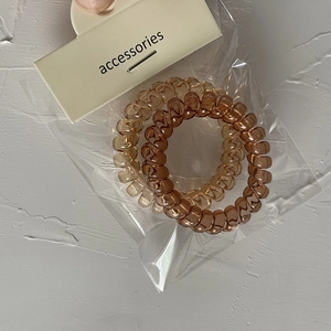 Dettaglio di elastici a spirale color ambra e marrone scuro con confezione
