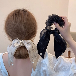 Elegant bow hair scrunchies with white pearls and vintage floral butterfly patterns
