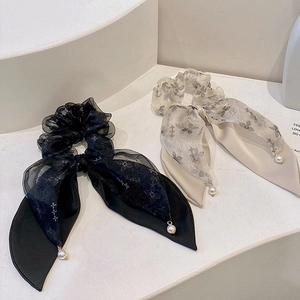 Elegant bow hair scrunchies with butterfly print tulle ribbons and pearl pendants