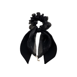 Elegant black chiffon bow hair tie with floral patterns and delicate pearl pendants