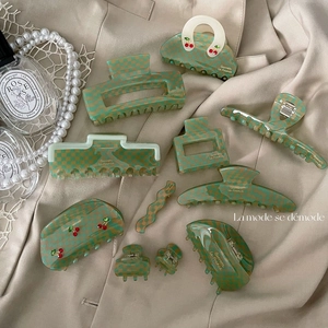Vintage Acetate Checkerboard Hair Claw Clip Green Beige Small Hollow Elegant Cherry Rhinestone Hair Accessory For Women
