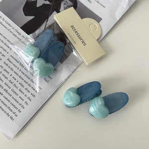 Détail de pinces à cheveux cœur coréen en bleu et menthe sur carte de marque