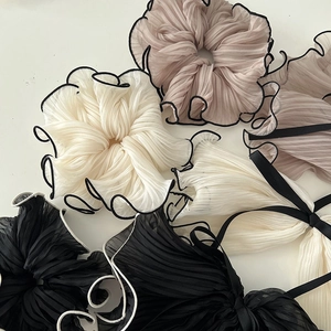 French vintage pleated chiffon scrunchie and bow hair tie set with contrast piping