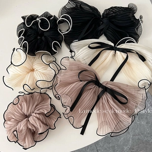 French Vintage Pleated Chiffon Scrunchie Large Bow Hair Clip Contrast Edge Elegant Hair Accessories For Women Jewelry