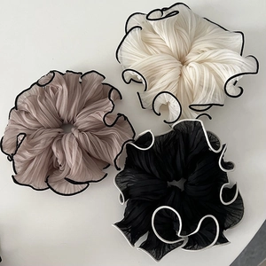 Set of three large French pleated chiffon hair scrunchies in cream pink and black colors
