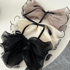 French vintage ruffled chiffon hair scrunchies in black, white, and pink color set