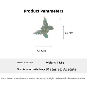 Detailed specs of the iridescent blue acetate butterfly hair claw clip with size dimensions