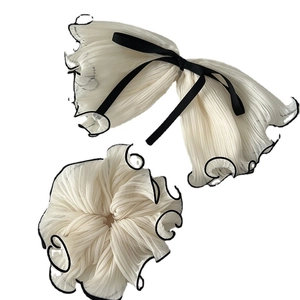 French vintage white chiffon hair tie and bow clip set with elegant black piping detail