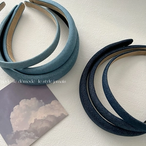 Blue denim fabric padded headband set for volume with a stylish textured finish