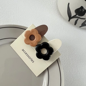 Vue détaillée de deux pinces à cheveux à fleurs macaron sur une assiette en céramique épurée
