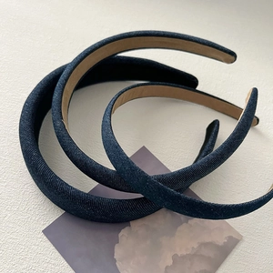 Three pieces of minimalist dark blue denim headbands with thick sponge for high volume style