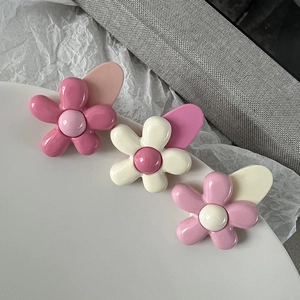 Barrettes à fleurs roses et crème sur une assiette décorative en céramique blanche