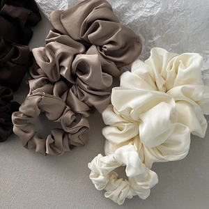 Luxe silk satin hair scrunchies in brown, coffee, and cream white for women