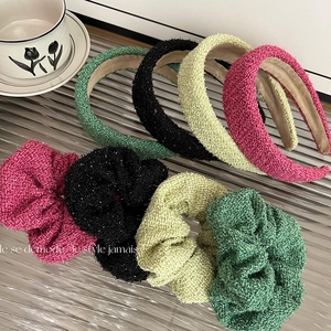 Vintage Tweed Wide Headband And Large Scrunchie Set With Glitter Metallic Silk French Style Hair Accessories For Women