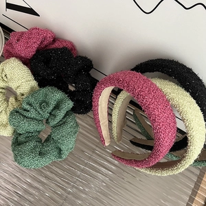 Chic tweed hair accessory set with sparkly metallic silk scrunchies and wide headbands