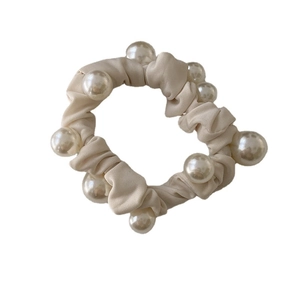 Elegant beige silk scrunchie with large white faux pearls for women hair styling