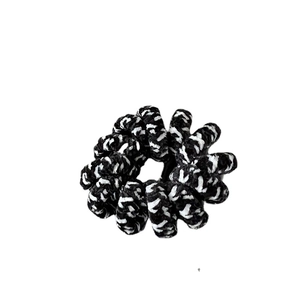 Thick black and white knitted spiral hair tie with a classic retro telephone cord design
