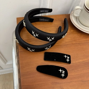 French vintage black velvet headband and hair clips with silver rhinestone star patterns