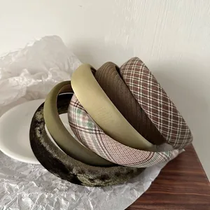 Deep green velvet and checkered padded headbands for women in vintage morandi tones