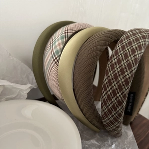 5-piece padded headband set in dark green and plaid fabric with a vintage handmade style