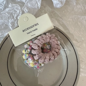 Set of 2 plush fleece spiral hair ties in pink and multicolor with handmade paper card