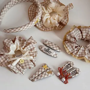 Vintage Plaid Cloth Hair Scrunchies And Clips Headband With Artificial Pearl Bow Accents Checkered Hair Accessories For Women Girls