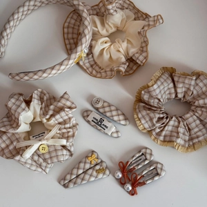 Yellow plaid fabric scrunchies and headband set with handmade details for girls