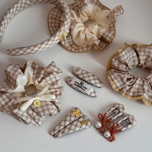 Yellow plaid hair accessory set with scrunchies, headband and pearled clips
