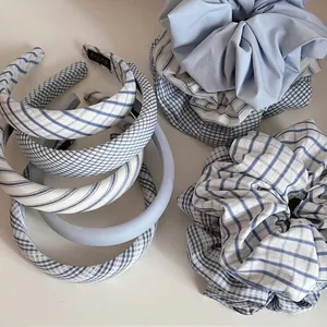 Korean Style Blue White Plaid Fabric Hair Scrunchie Large Pleated Hair Tie Wide Padded Headband For Women Hair Accessories Gift