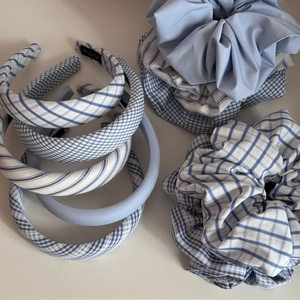 Blue and white checkered fabric padded headband and scrunchies set for women