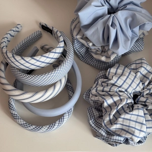 Chic blue and white plaid fabric scrunchies and headband set for elegant hairstyling