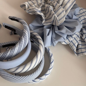 Set of light blue and white plaid fabric headbands and scrunchies for women