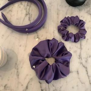 French Vintage Purple Satin Pleated Scrunchie Headband Set Elegant Hair Ties With Heart Metal Pendant For Women Hair Accessories