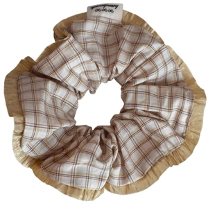 Yellow plaid hair scrunchie with gold satin trim and handmade label for daily hairstyle