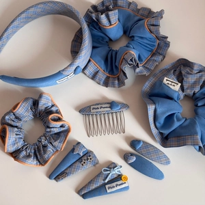 Blue plaid star hair clip set with vintage denim fabric and premium handmade textile details
