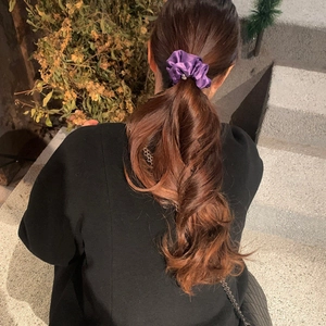 Elegant purple satin silk scrunchie for women with delicate metal charm hair accessory