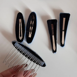 Detailed set of blue plaid fabric hair clips and metal comb with silver snap closures