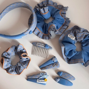 Blue plaid fabric hair accessory set including headband and star clips in gift box