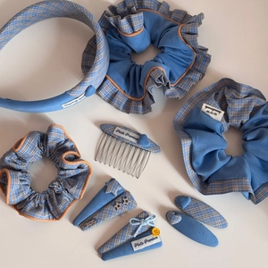 Blue fabric plaid star hair accessories set featuring headband, scrunchies, and hair clips