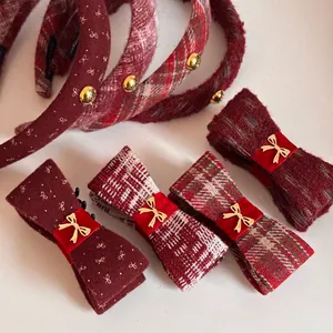 Vintage Red Tweed Bow Banana Clip Elegant Plaid Wool Headband For Women Autumn Winter New Year Festive Hair Accessories